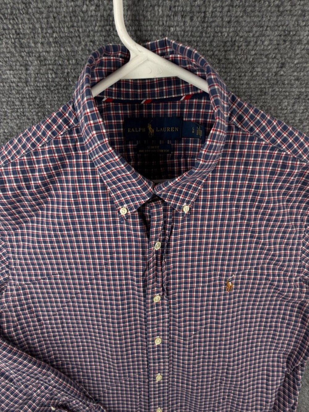 Ralph Lauren Cotton Stretch Blue Red Plaid Button Up Shirt Men Large Slim Fit